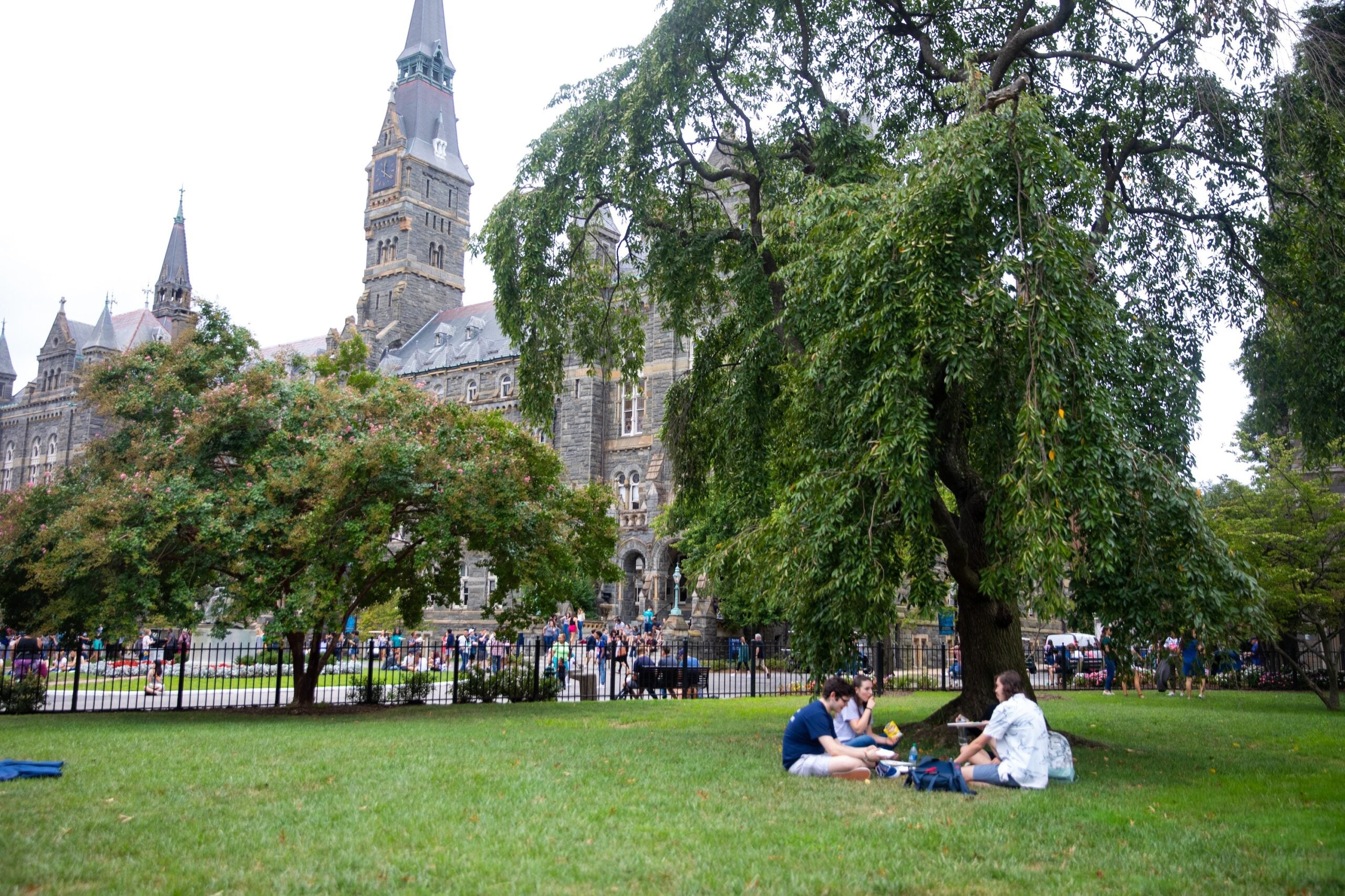 Students sitting and eating on Copley Lawn with Healy Hall in the background.